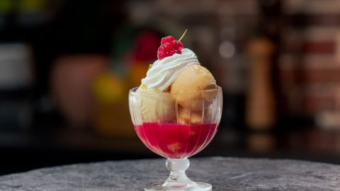 Peach melba ice cream with verbena