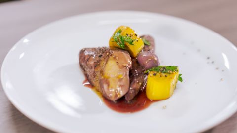 Meurette sauce - Saint-Pierre en Meurette, quail eggs poached in red wine, curried leeks